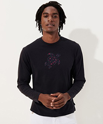 Men Others Embroidered - Men Embroidered Corduroy Turtle Cotton Long Sleeves T-Shirt, Navy front worn view