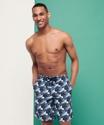 Men Long classic Printed - Men Swimwear Long Waves, Navy front worn view