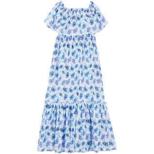 Damen Andere Bedruckt - Langes, schulterfreies Flash Flowers Kleid aus Baumwolle für Damen, Purple blue Rückansicht
