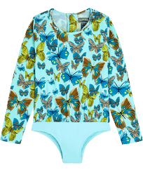 Girls Fitted Printed - Girls One-piece Rashguard Butterflies, Lagoon front view