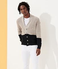 Men Others Solid - Men Bicolor Cotton Cashmere Cardigan, Beige / black front worn view