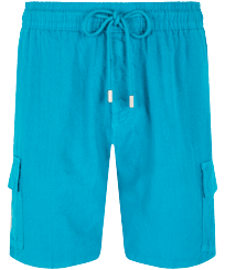 Men Others Solid - Men Linen Bermuda Shorts cargo pockets, Ming blue front view