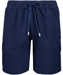 Men Others Solid - Men Linen Bermuda Shorts cargo pockets, Navy front view
