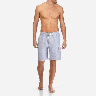 Men Others Graphic - Men Cargo Linen Bermuda Shorts Micro Rayures, Ultramarine frontworn Men Others Graphic - Men Cargo Linen Bermuda Shorts Micro Rayures, Ultramarine frontworn