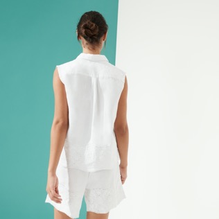 Mujer Autros Bordado - Camisa de manga corta de lino con bordado inglés para mujer, Blanco vista trasera desgastada