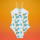 Mädchen Einteiler Bedruckt - Palms & Stripes Badeanzug für Mädchen – Vilebrequin x The Beach Boys, Weiss Rückansicht