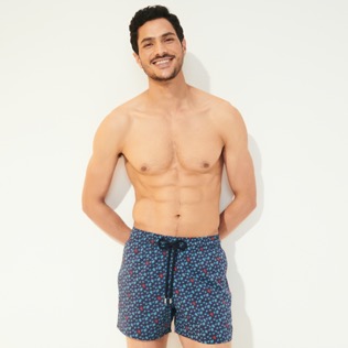 Picture of Men Stretch classic Printed - Men Stretch Swim Trunks Micro Ronde Des Tortues Tricolore, Navy front worn view Picture of Men Stretch classic Printed - Men Stretch Swim Trunks Micro Ronde Des Tortues Tricolore, Navy front worn view