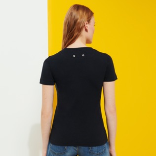 Donna Altri Stampato - T-shirt donna in cotone Marguerites, Blu marine vista indossata posteriore