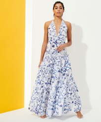 Damen Andere Bedruckt - Cherry Blossom Kleid aus Baumwolle für Damen, Sea blue Vorderseite getragene Ansicht