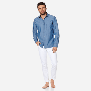 Hombre Autros Liso - Camisa de algodón con logotipo de Vilebrequin retro para hombre, Dark denim w1 frontworn Hombre Autros Liso - Camisa de algodón con logotipo de Vilebrequin retro para hombre, Dark denim w1 frontworn