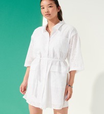 Damen Andere Bestickt - Broderies Anglaises Hemdkleid aus Baumwolle für Damen, Weiss Vorderseite getragene Ansicht