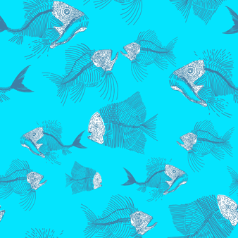 中性 2018 Prehistoric Fish 纯棉巴厘纱夏季衬衫, Azure 打印