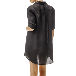 女款 Others 纯色 - 女士纯色长款亚麻衬衫, Black backworn 女款 Others 纯色 - 女士纯色长款亚麻衬衫, Black backworn