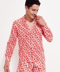 Men Others Printed - Unisex Cotton Voile Summer Shirt Attrape Coeur, Poppy red front worn view