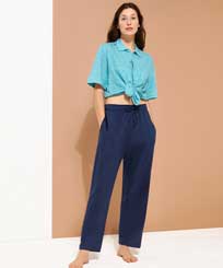 Unisex Linen Jersey Pants Solid Blu marine donne vista indossata frontale