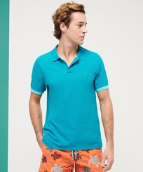 Men Cotton Pique Polo Shirt Solid Ming blue front worn view
