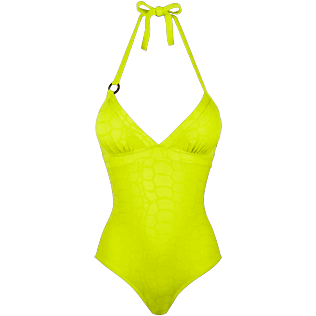 Women One Piece Solid - Women Triangle One Piece Swimsuit Turtles Scales, Chartreuse front Women One Piece Solid - Women Triangle One Piece Swimsuit Turtles Scales, Chartreuse front