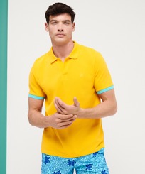 Men Others Solid - Men Cotton Pique Polo Shirt Solid, Yellow front worn view