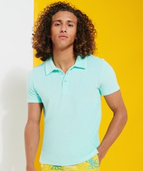 Men Jacquard Polo Solid Lagoon front worn view