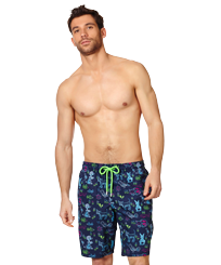 Men Long classic Printed - Men Swimwear Long Rabbits and Poodles -Vilebrequin x Florence Broadhurst, Navy front worn view