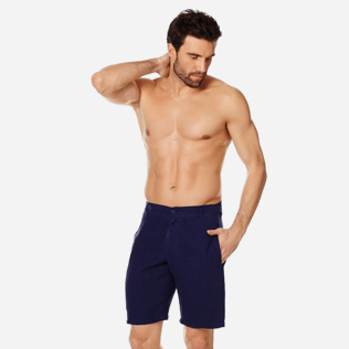 Men Others Solid - Men straight Linen Bermuda Shorts Solid, Midnight blue frontworn Men Others Solid - Men straight Linen Bermuda Shorts Solid, Midnight blue frontworn